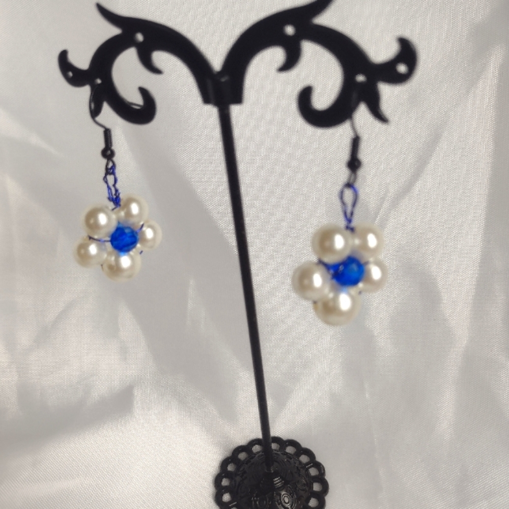 Elegant Pearl and Blue Bead Earrings